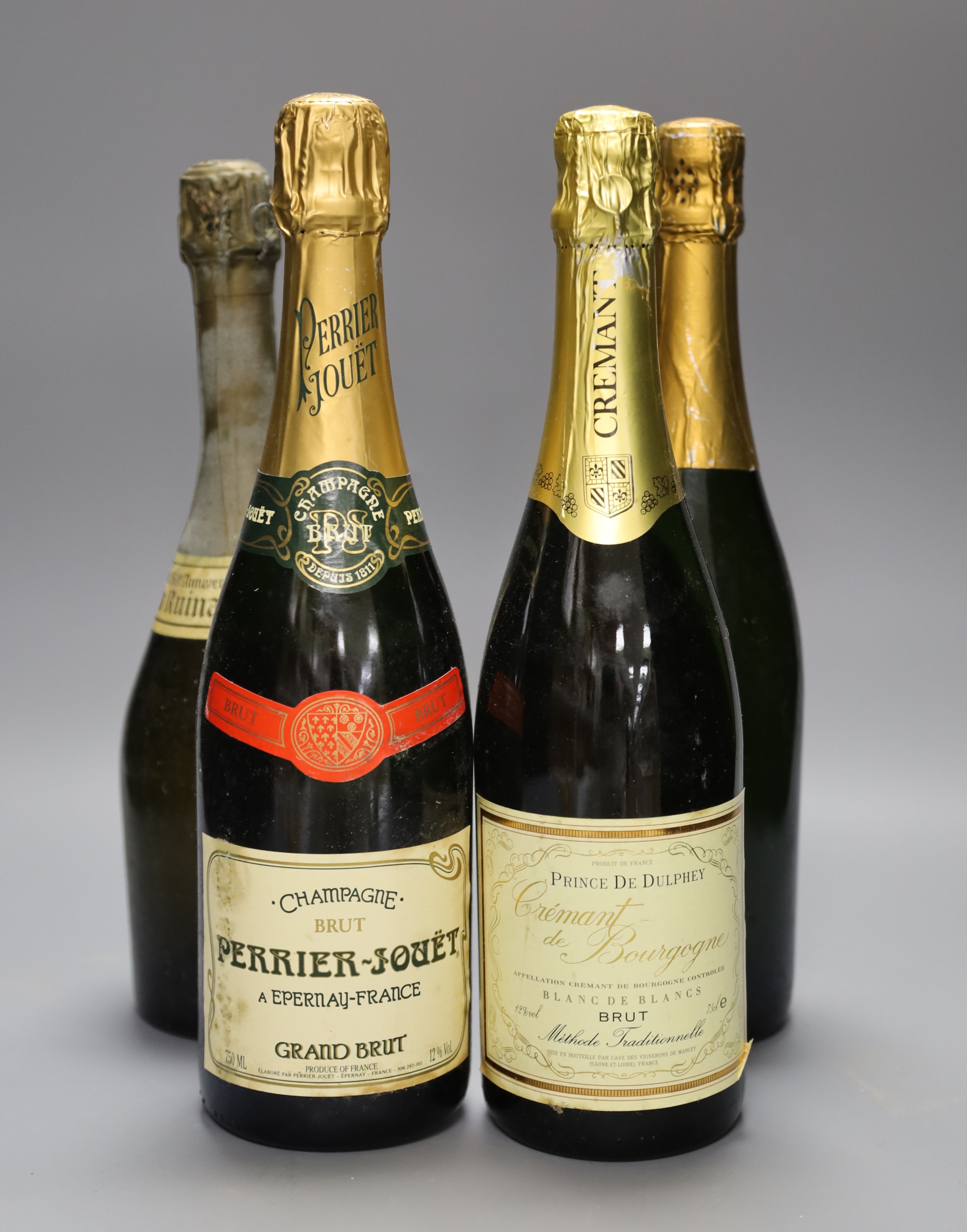One bottle of Dom Ruinart Champagne, 1973 (250th Anniversary) & 3 other bottles.